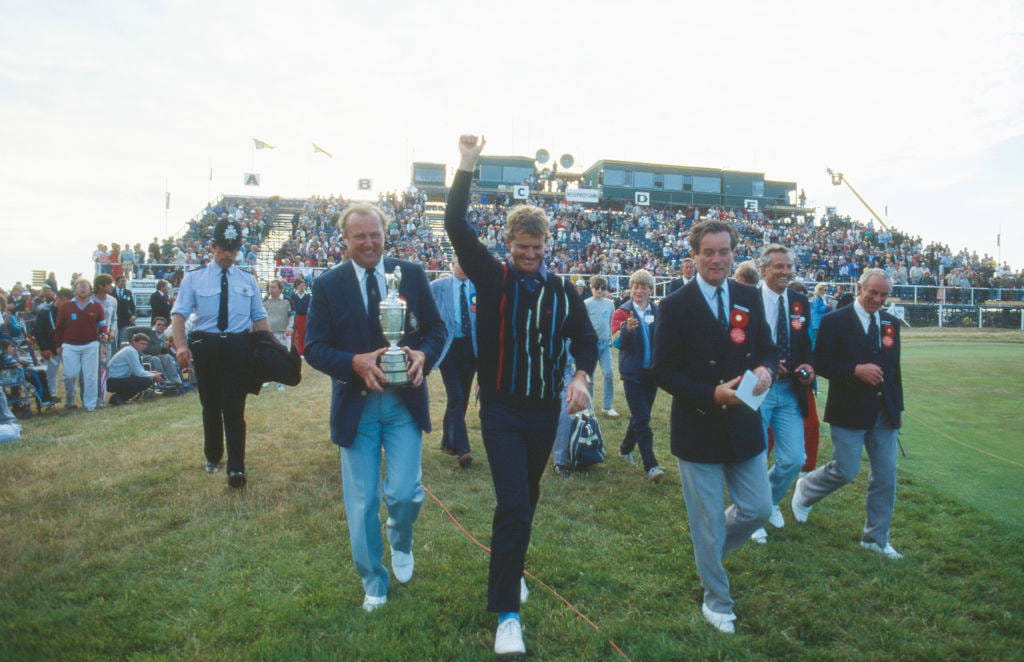 Sandy Lyle celebrates his Open victory at Royal St George's